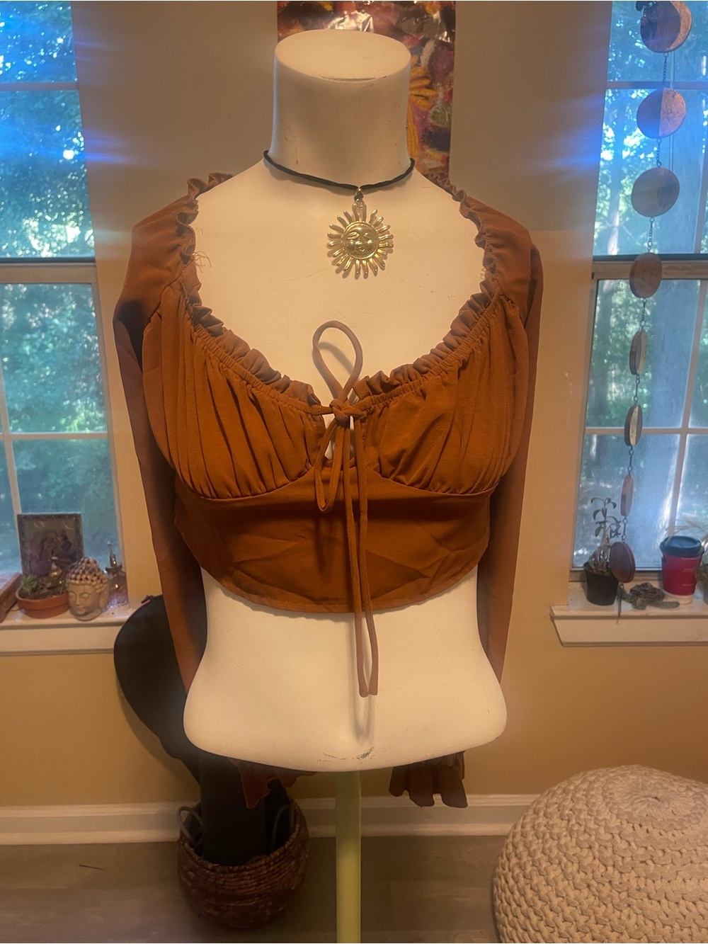 SHEIN Rust Brown Ruched Tie-Front Crop Blouse
